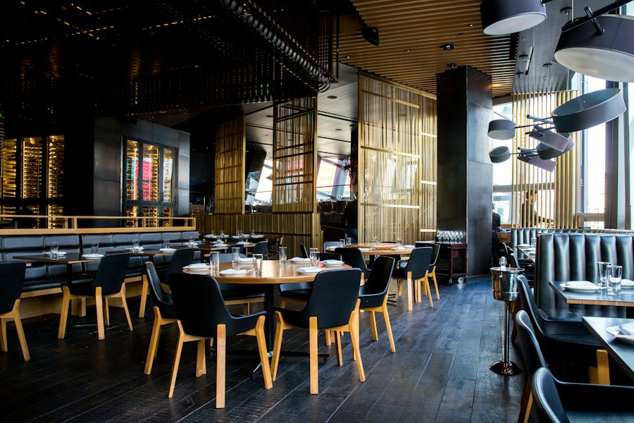 Modern dining room with warm wood