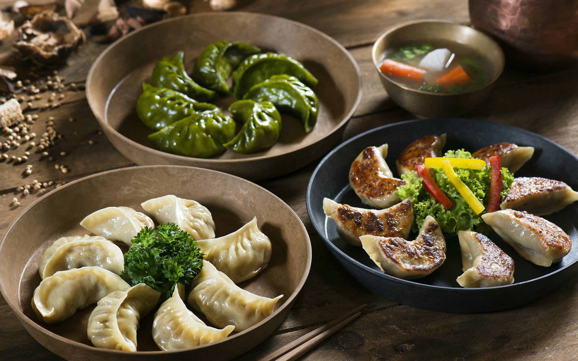 Handmade dumplings served in bowls